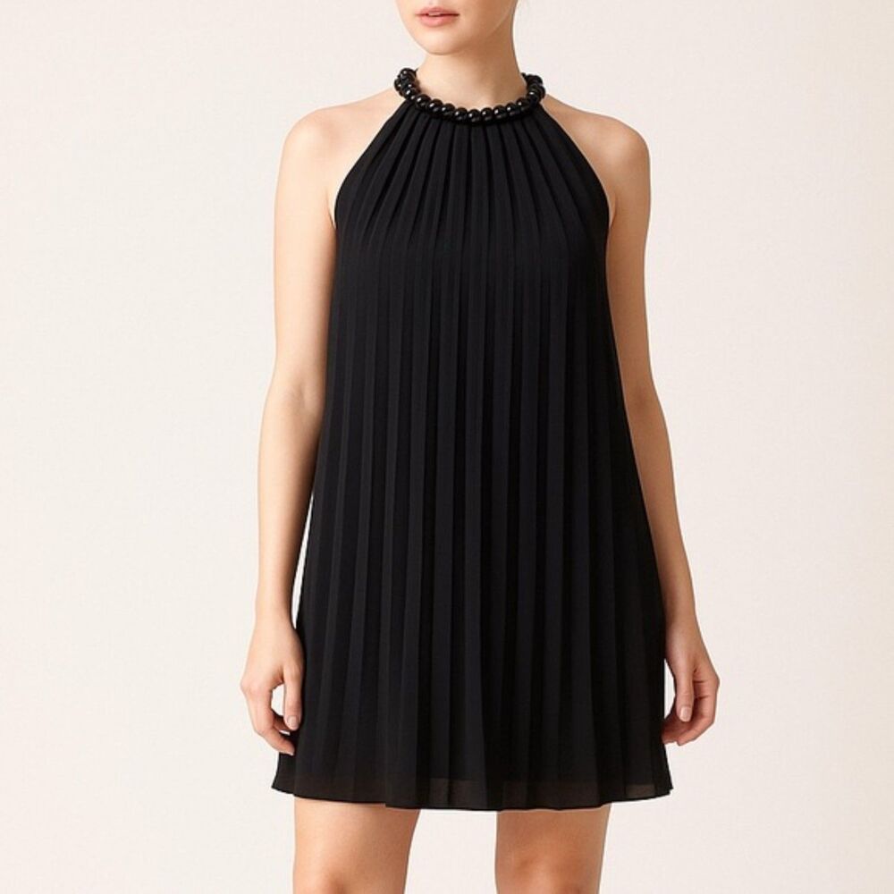 Vintage BH-One Fashion Black Chiffon Pleated Halter Beaded Neck Dress Sz Medium